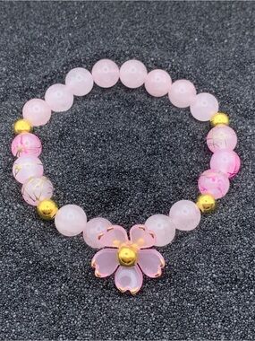 Pink Beaded Sakura Flower Charm Bracelet